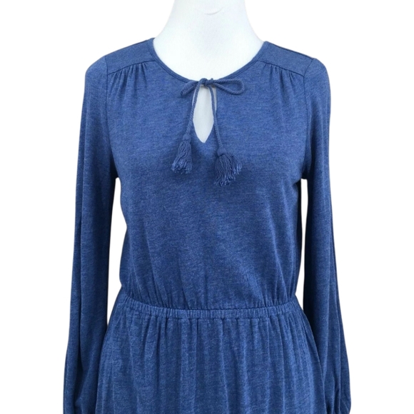BODEN Women's Jersey Day Dress Blue Tassles Linen Bend V-Neck Size 6R - Picture 4 of 8
